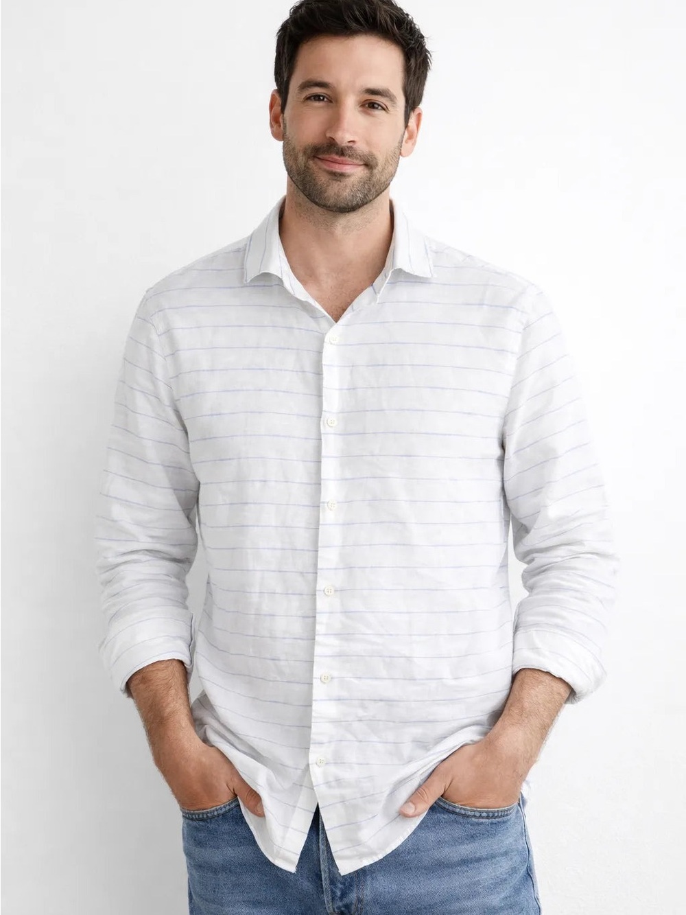 Perry Ellis Untucked Shirt Mens XL White Blue Stripe Linen Blend Long Sleeve NWT